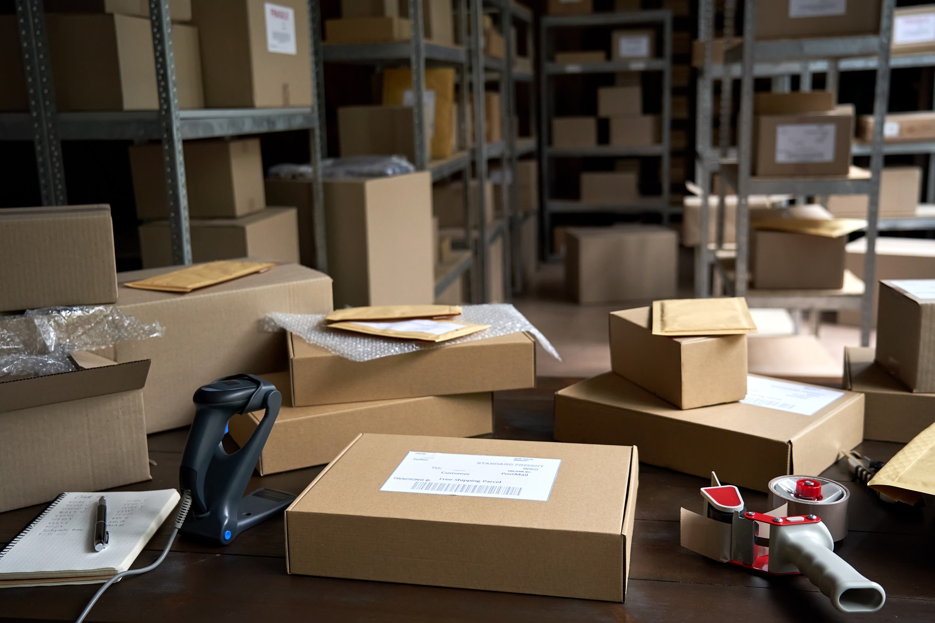 Distribution warehouse background, commercial shipping order boxes for dispatching on stockroom table, post courier delivery package, dropshipping commerce retail store shipment storage concept.